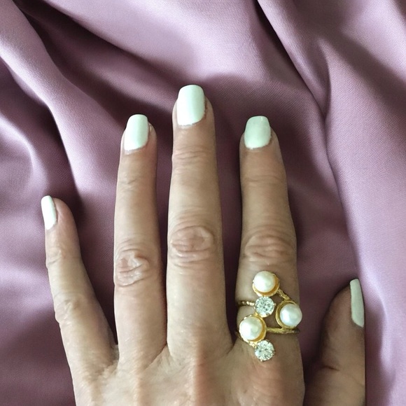 Tamar Swarovski Crystal Freshwater Pearl Ring Silver Plated 18k Gold NWT 8.5 - Picture 7 of 10